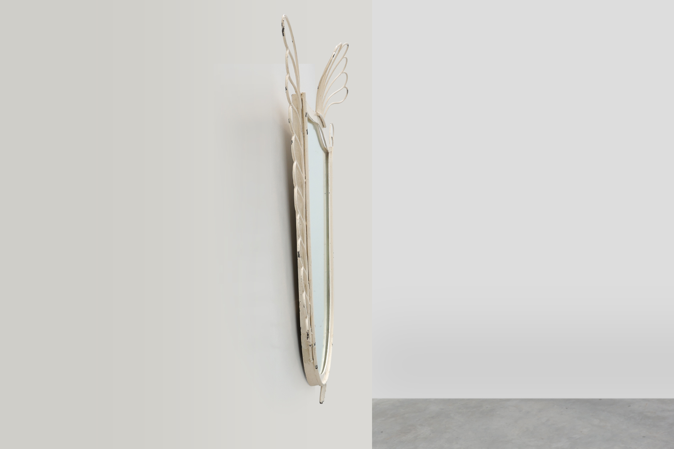 French White Lacquered Metal Mirror with Looped Wire Frame and Fan Crest, 1950sthumbnail